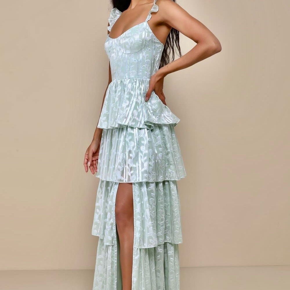 NWT Lulus Stunning Glory Sage Green Floral Jacquard Tiered Maxi Dress